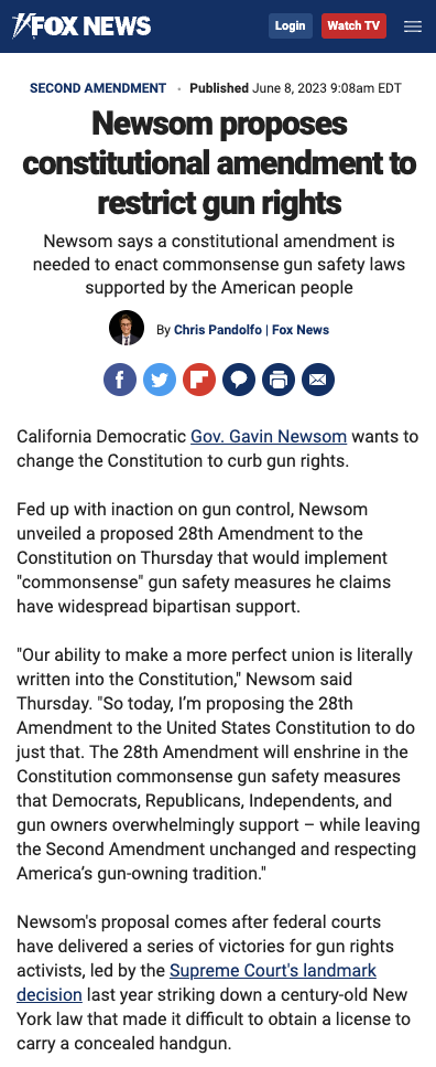 “Our ability to make a more perfect union is literally written into the Constitution,” Newsom said Thursday.  “So today, I’m proposing the 28th Amendment to the United States Constitution to do just that. The 28th Amendment will enshrine in the Constitution common sense gun safety measures that…” – The Donald – America First