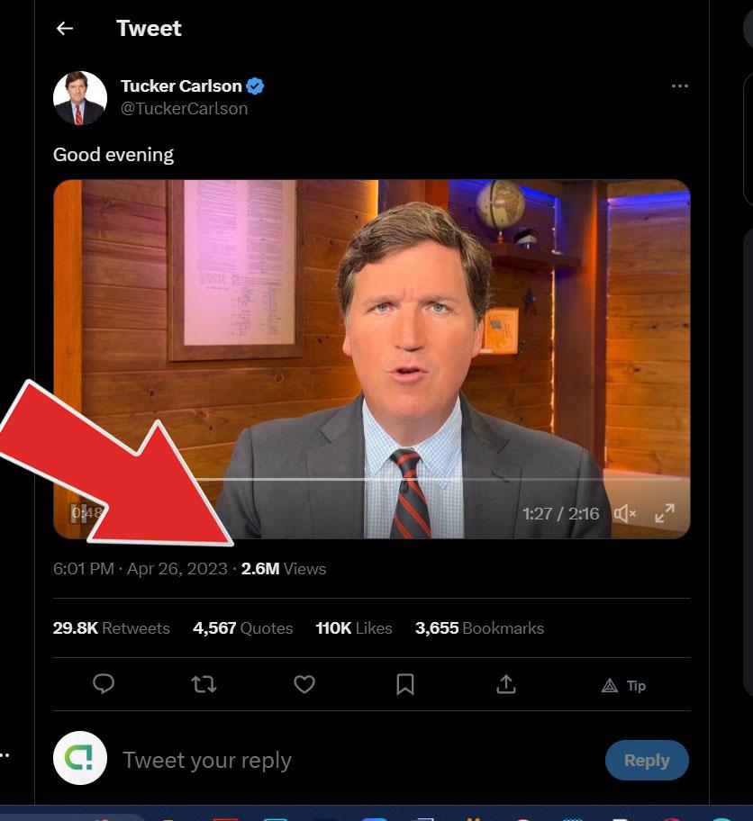 Tucker’s “Goodnight” post has garnered 2.6 million views in just 40 minutes.  – The Donald – America First