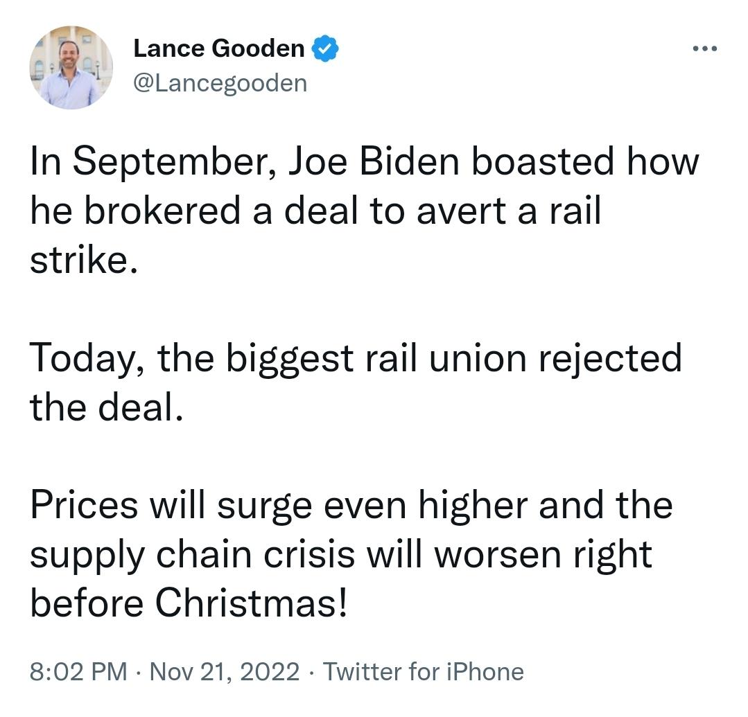 In September, Joe Biden bragged about how he brokered a deal to avoid a railroad strike.  Today, the biggest rail union rejected the deal.  Prices will rise further and the supply chain crisis will worsen just before Christmas!  – The Donald – America First
