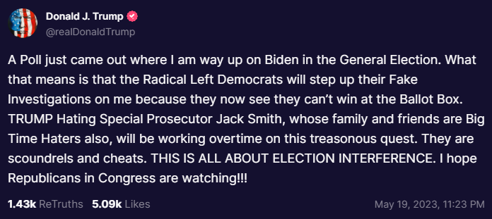 President Trump: “I’m far ahead of Biden in the general election. Radical Left Democrats are going to step up their bogus investigations of me because…they can’t win at the polls. They’re crooks and crooks. This is what it’s all about. ELECTION INTERFERENCE .I hope the Republicans in Congress are watching!!! – The Donald – America First